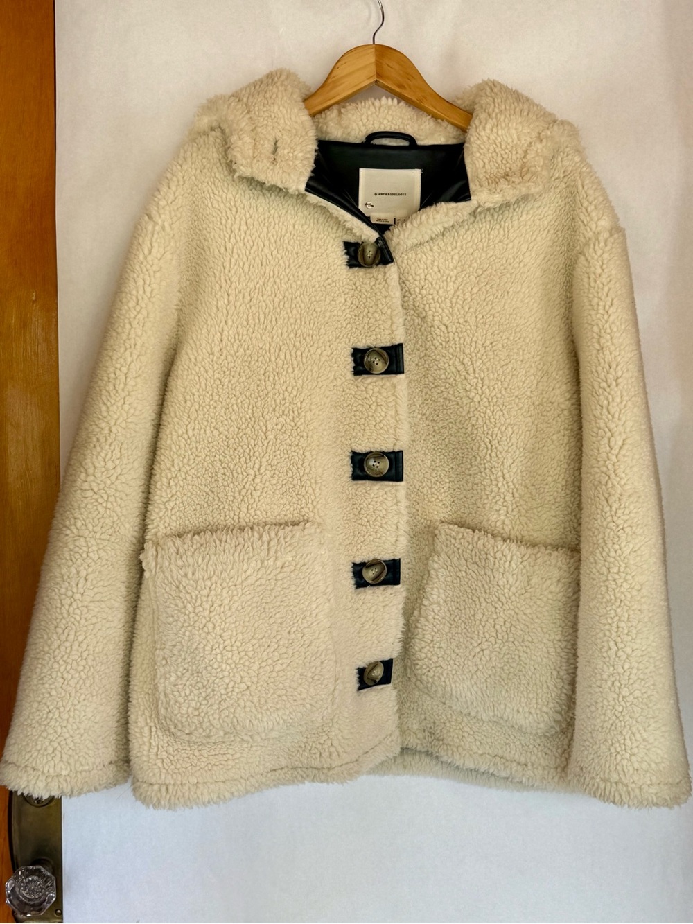 Anthropologie Cream Sherpa Toggle Jacket with Hood. Oversized fit.